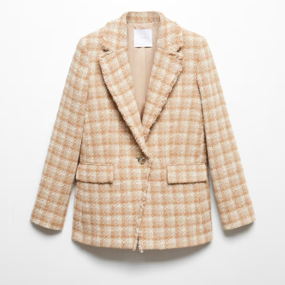Mango Tweed Blazer Jacket Jewel Button Closure